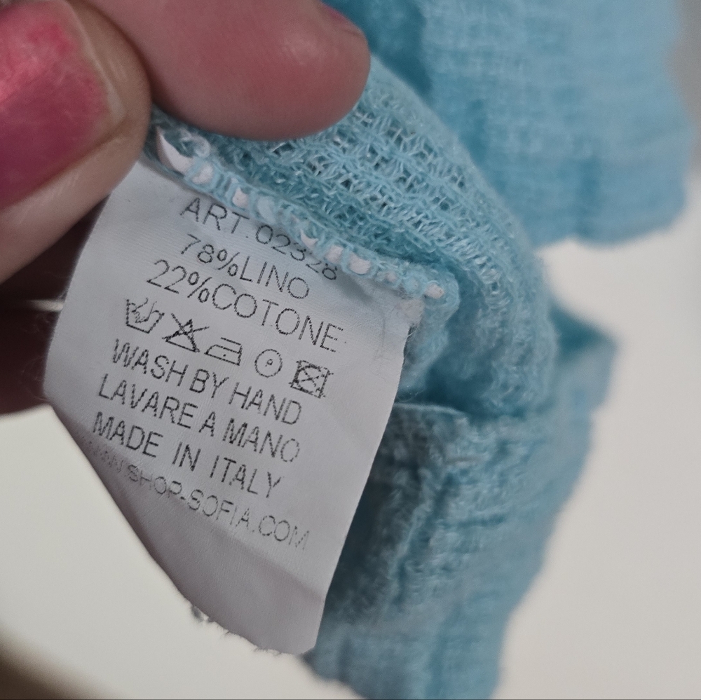 Sofia Made In Italy Linen Top L Oversized Boxy Textured Lagenlook Aqua Blue - Picture 5 of 6